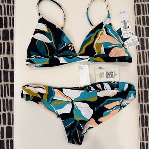 NWT Roxy Floral Print Bikini Set - Black, Teal & Peach - size L